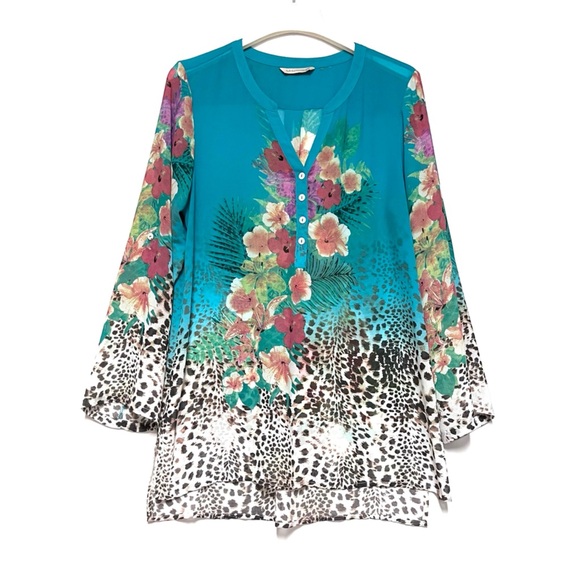 Soft Surroundings Tropical Tunic Top Hibiscus Leopard Print Teal Roll Tab Medium - Picture 12 of 13